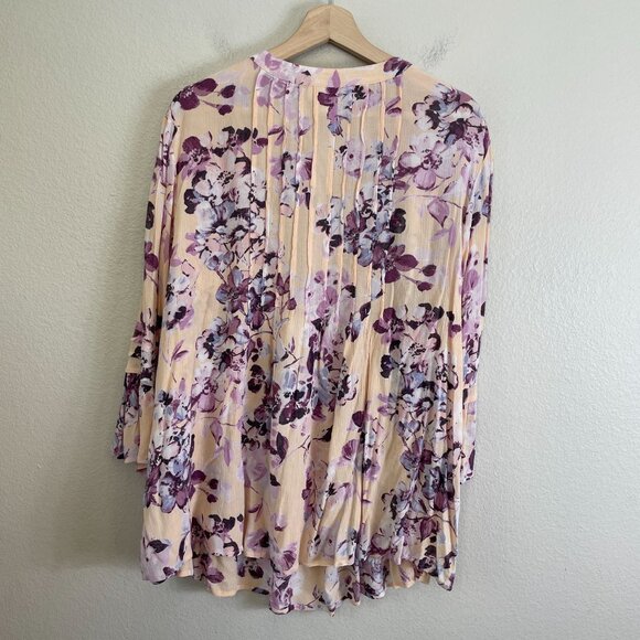 J Jill Womens XL Purple Floral Pleated Button Front Tunic Top Bell Sleeve Blouse - Picture 11 of 13